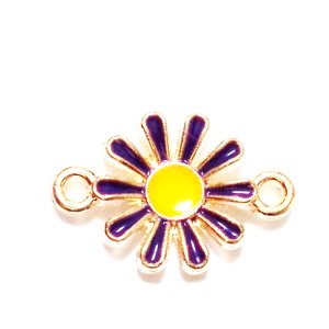 Conector/link auriu cu violet si galben, emailat, floare 12.5x19x3mm