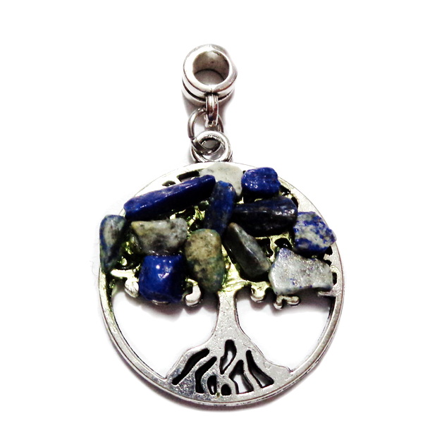 Pandantiv argintiu antic, copacul vietii cu chips Lapis Lazuli, 28x25x4~5mm-adeziv pitin ingalbenit 1 buc
