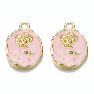 Pandantiv auriu, emailat, roz cu floare aurie, 21x16x3mm