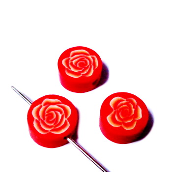 Margele polymer, rosii cu floare, 9-10x5mm