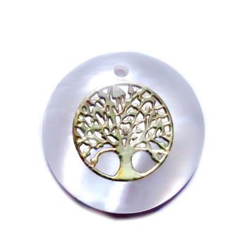 Pandantiv sidef alb cu copacul vietii auriu, 16x3.5mm