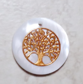 Pandantiv sidef alb cu copacul vietii aramiu, 18x3.5-4mm 1 buc