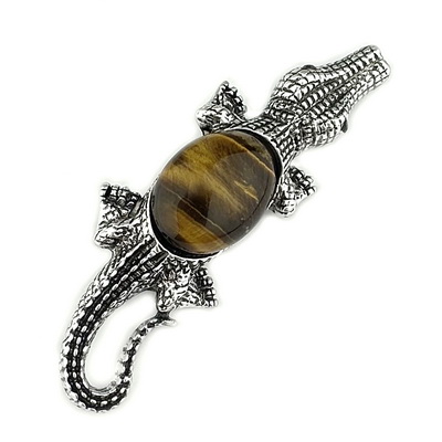 Pandantiv/brosa argintiu antichizat cu cabochon ochi de tigru, crocodil 68x21x10mm  1 buc