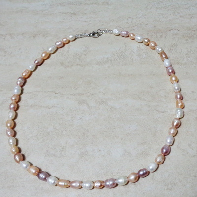 Colier perle de cultura roz, albe si mov, 6~8x5~6mm, 46 cm