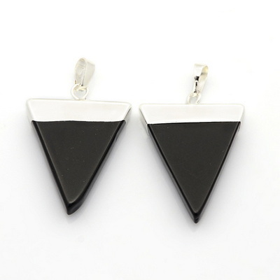 Pandantiv agata neagra, triunghiular, cu accesoriu argintiu, 34x23~28x4mm 1 buc