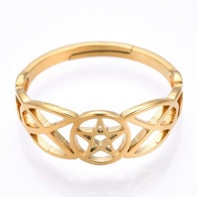 IInel otel inoxidabil 304 IP(placat cu ioni) cu aur 18K reglabil, pentagrama, interior 16.9mm
 1 buc