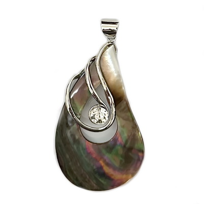 Pandantiv sidef gri cu accesoriu metalic si stras, 75x42mm 1 buc