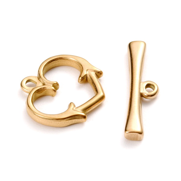 Inchizatoare toggle otel inoxidabil 304, IP(placat cu ioni) auriu, inima 16x15x2mm, tija 21x6x2mm
 1 buc
