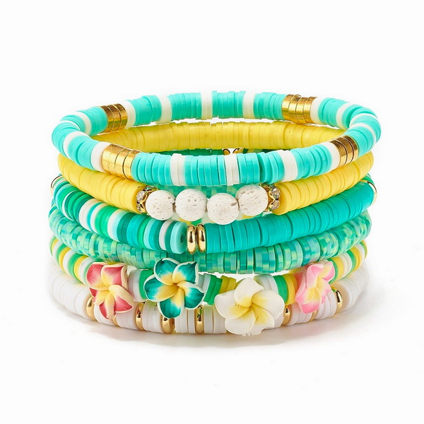 Set 6 bratari cu margele lava, polymer Heiski, cu diverse flori plumeria, pe elastic 1 buc