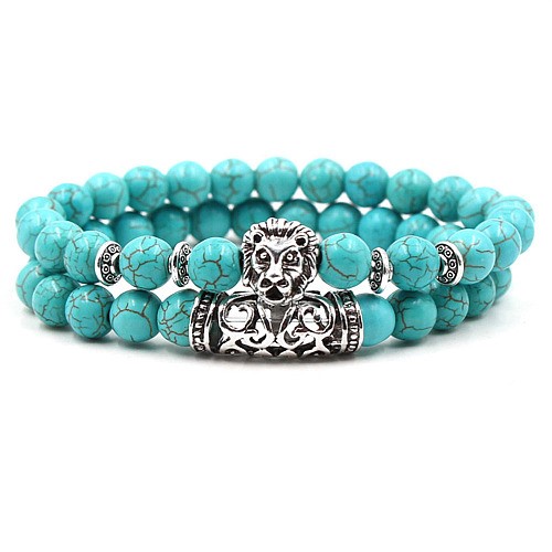 Set 2 bratari turcoaz cu accesoriu argintiu antichizat cap de leu 1 buc