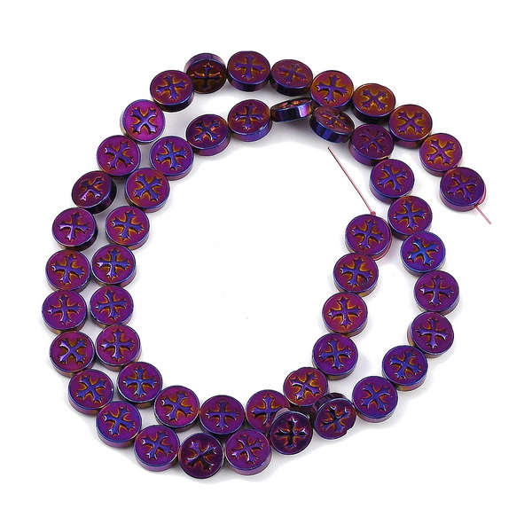 Hematit electroplacat violet cu basorelief cruce, moneda 8x3mm-sir 49 buc 1 buc