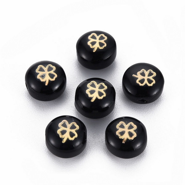 Margele lampwork negre cu trifoi cu 4 foi auriu, 8x6mm  1 buc