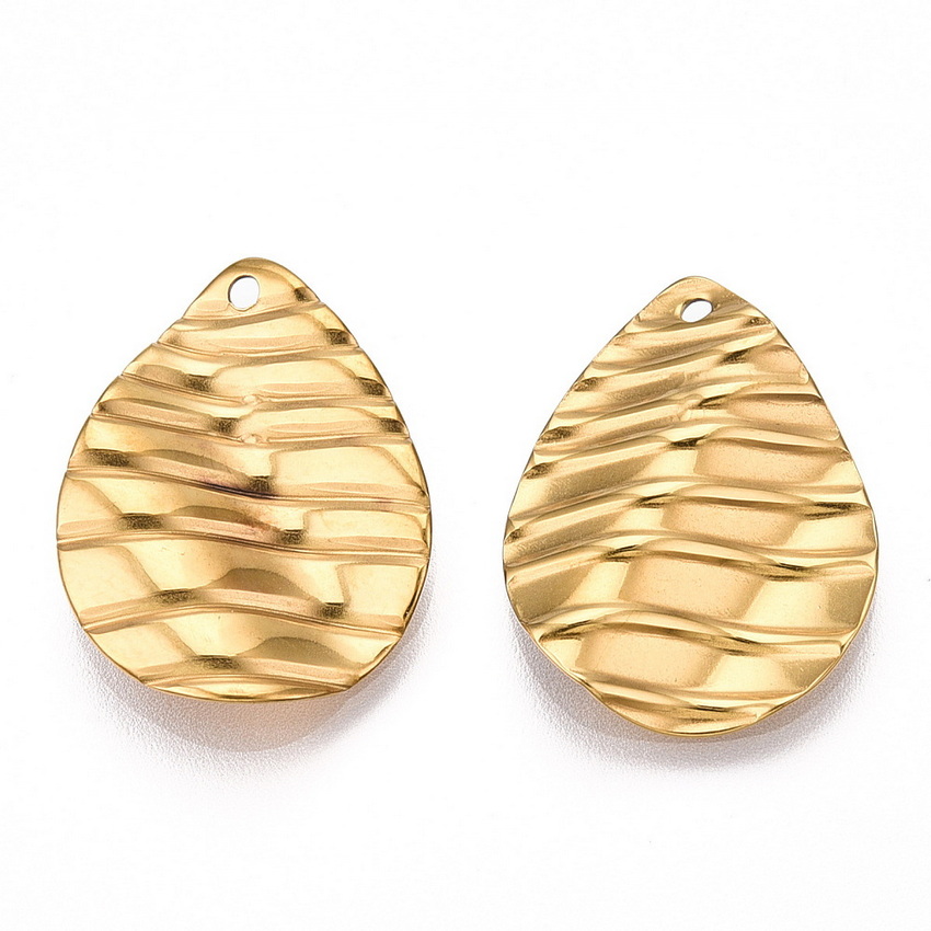 Pandantiv otel inoxidabil 304, placat IP(placat cu ioni) cu aur 18K, texturat, lacrima 22x17x2.5mm 1 buc