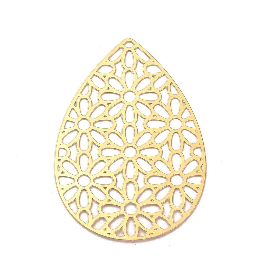 Pandantiv otel inoxidabil 201 auriu, non tarnish, gravat, lacrima cu flori 45x31x0.3mm 1 buc