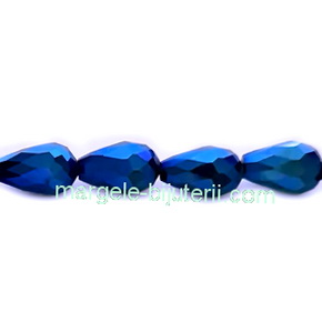 Margele sticla albastre metalizate, lacrima 15x10mm 1 buc
