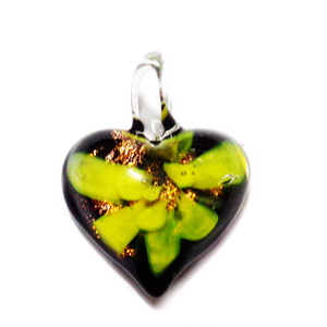 Pandantiv Murano negru cu floare galbena, inima 27x20x11mm  1 buc