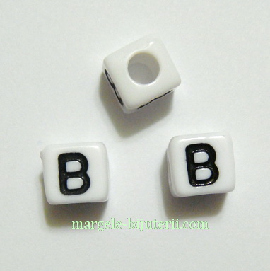 Margele alfabet, plastic alb, cubice 7x7x7mm, litera B 1 buc