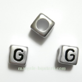 Margele alfabet, plastic argintiu, cubice 6x6x6mm, litera G 1 buc