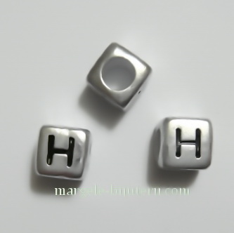 Margele alfabet, plastic argintiu, cubice 6x6x6mm, litera H 1 buc