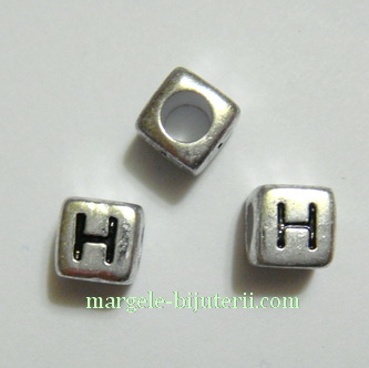 Margele alfabet, plastic argintiu, cubice 6x6x6mm, litera X 1 buc