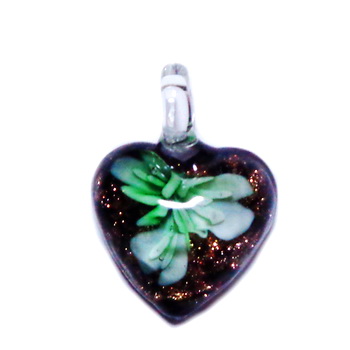 Pandantiv Murano negru cu floare verde, inima 27x20x11mm