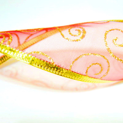 Panglica  ribbon rosie cu lurex auriu, latime 4cm, rola 2.7 metri